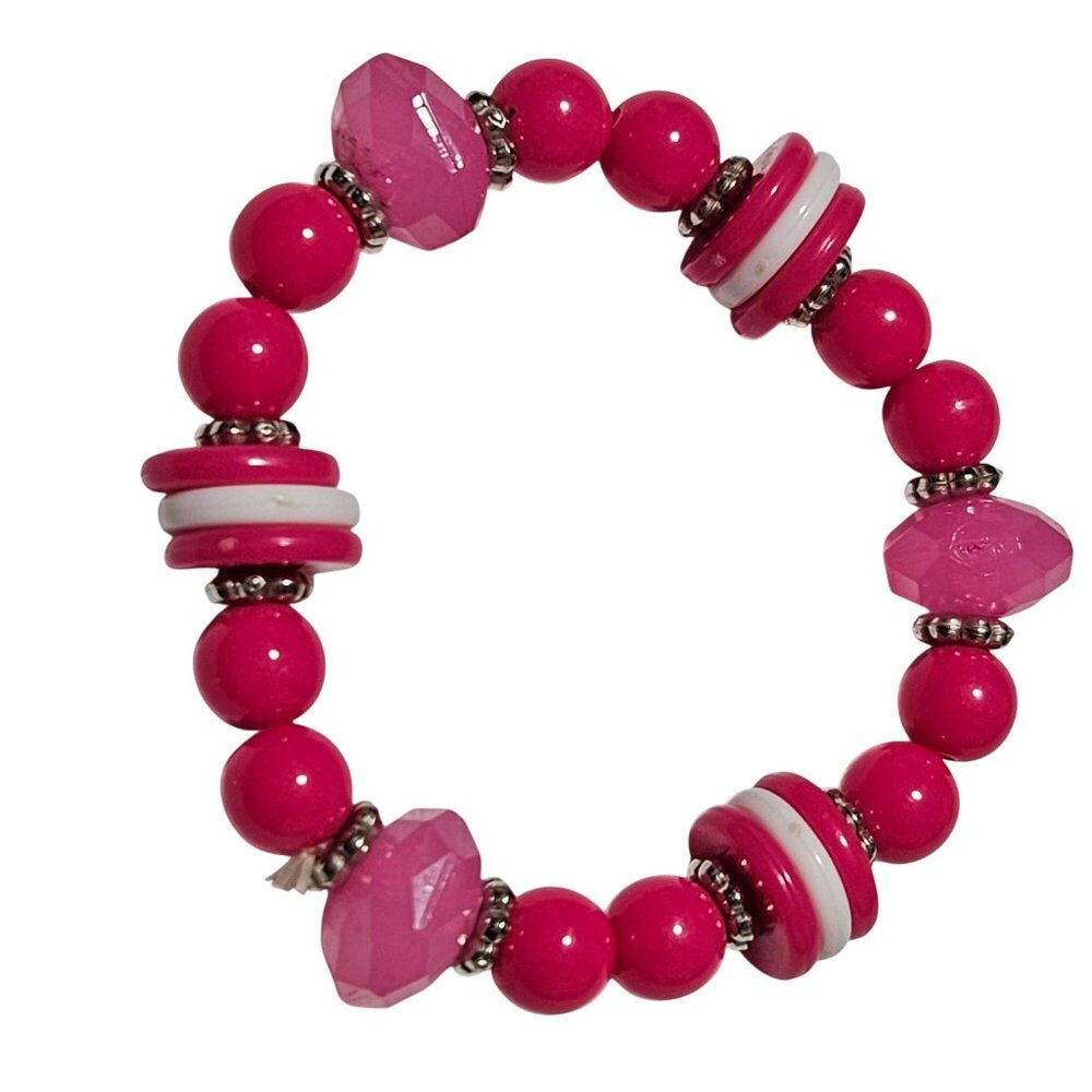 Pink Beaded Stretch Bracelet White Silver Accents Retro Funky Fashion Jewelry